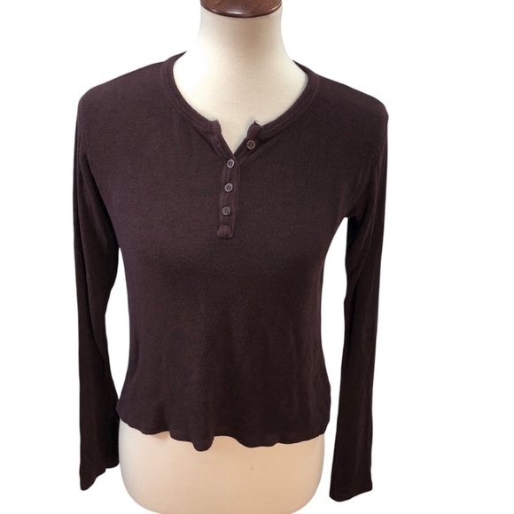 Brandy Melville Knit Thermal Henley Top One Size Wine Cropped Ribbed Casual - Picture 2 of 7